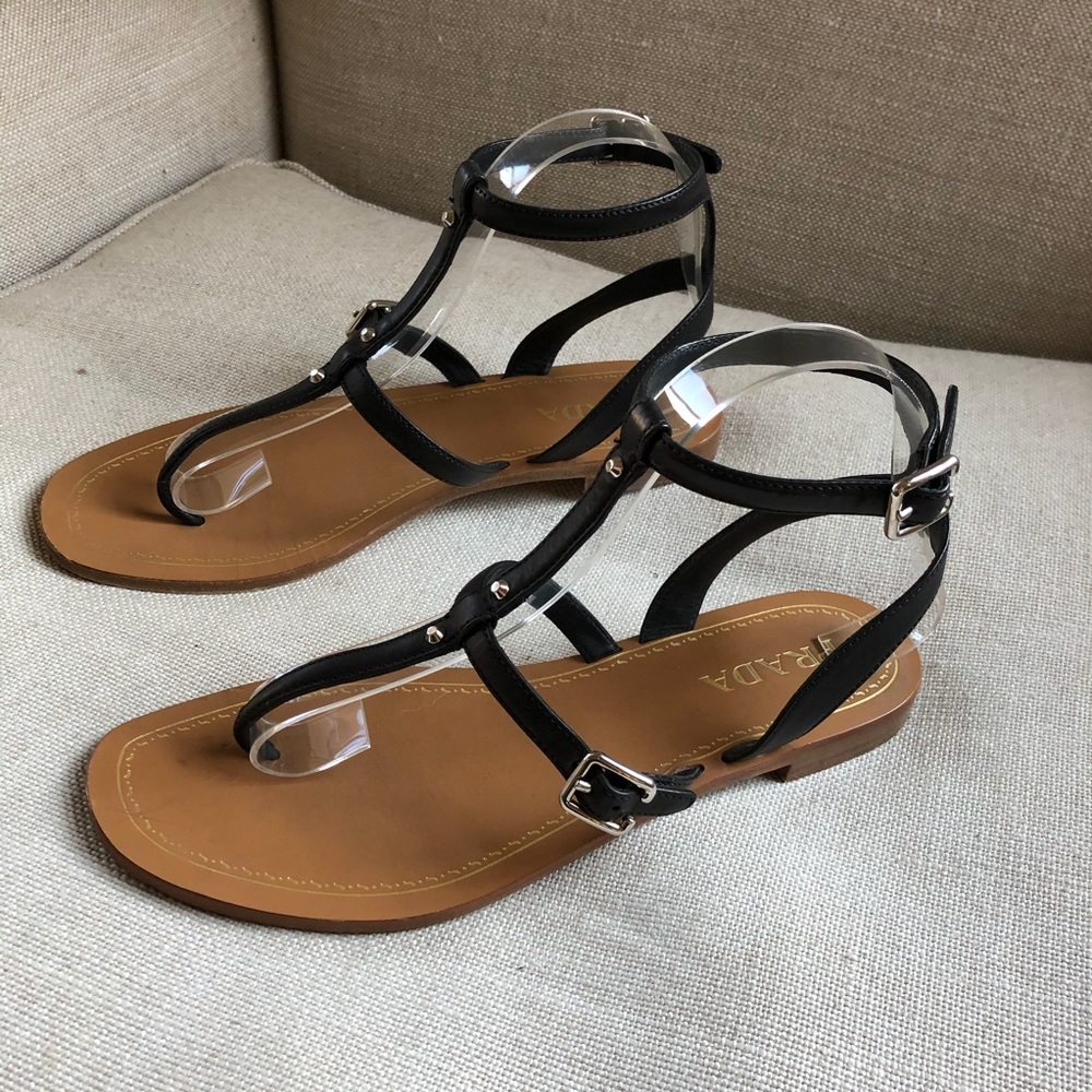 Prada Sandals Ankle Strap Black Buckle Studs Thong - Picture 3 of 8